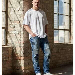 Crysp Denim 44x32 Tapered Leg Patches Distressed Faded Whisking Grunge Biker Y2K